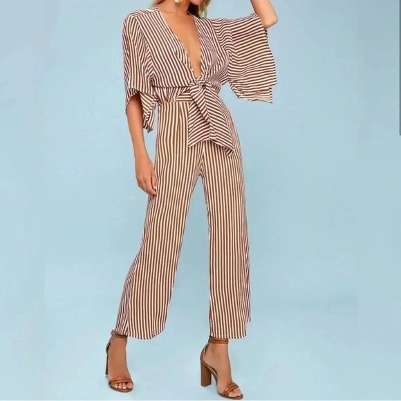 ASO Heidi Klum Faithfull The Brand Tilos Striped Jumpsuit Tie Front Keyhole 6/M - Picture 2 of 9